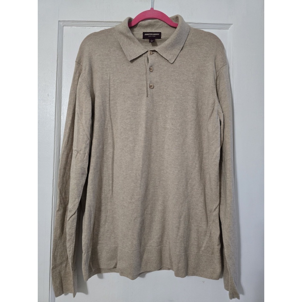 Johnston & Murphy Sweater Mens Large Tan Pima Cotton Polo Knit Long Sleeve